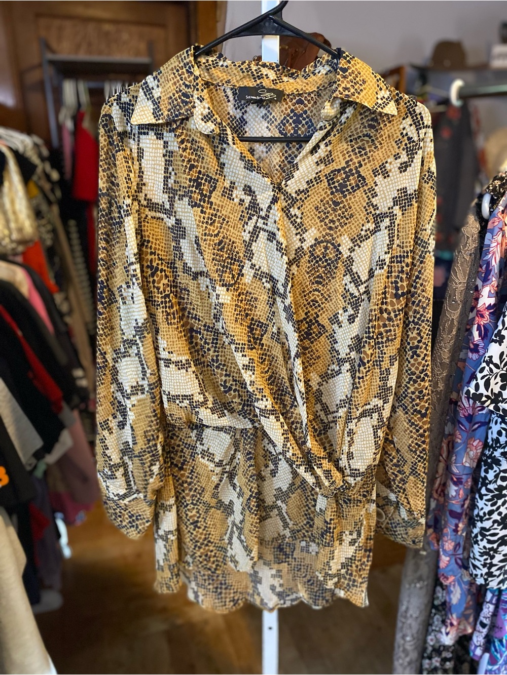 Suzanne Betro Yellow Brown Snake-Print Twist-Waist Blouse